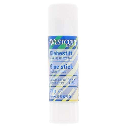 Image of Westcott glue stick 20g | Craft glue with 2cm transparent adhesive strip | Strong and durable glue | 100% solvent-free | Washable at 30° | E-730372 00