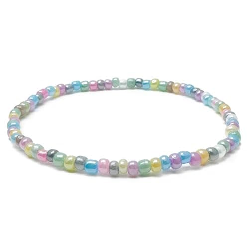Image of Pale Pastel Glass Seed Bead Anklet, Multi-Colour Handmade Design on Elastic : Size M/L up to 10 inches, Fresh Summer Beach Boho Colours, Ankle Jewellery for Women