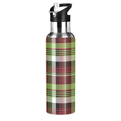 Image of Vnurnrn Art Tartan Check Plaid Insulated Water Bottle with Straw Sport Stainless Steel Vacuum Flask BPA Free Travel Mug