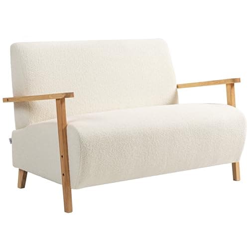 Image of HOMCOM 2 Seater Sofa, Small Sherpa Fabric Couch Settee, Nordic Upholstered Loveseat with Wood Legs and Armrests, Thick Seat for Living Room, Bedroom, Office, Cream White