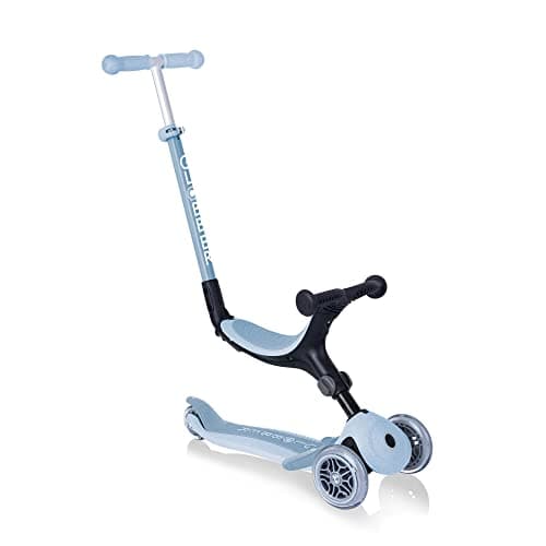 Image of Globber Go Up Foldable Plus ECOlogic 3 Wheel Folding Scooter and Ride On - 15 Months to 7 Years, Kids Toddler Scooter for Boys and Girls with removable seat - 2 Year Warranty (Blueberry)