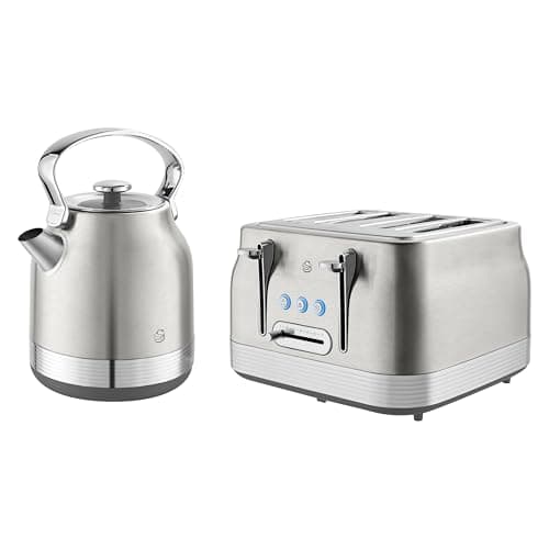 Image of Swan Retro Kitchen Set, 1.7L Rapid Boil Kettle with 360 Degree Base, 3000W, and 4 Slice Toaster with 7 Browning Levels, 1860W, Stainless Steel, SK14631SS & ST19029SS