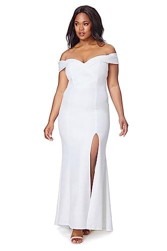Image of Bella Bardot Maxi Dress with Thigh Split and Train, Ivory, UK 14