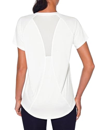 Image of Wayleb Women's Sports T-Shirt V Neck Gym Tops Back Mesh Loose Fit Yoga Running Top Moisture Wicking Short Sleeve for Ladies White