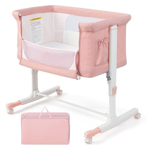 Image of COSTWAY 3-in-1 Baby Bedside Crib, Easy Folding Cot Bed with Mattress, Breathable Mesh Window, Lockable Wheels and Travel Bag, Height Adjustable Newborn Sleeper for Birth to 9kg (Pink)