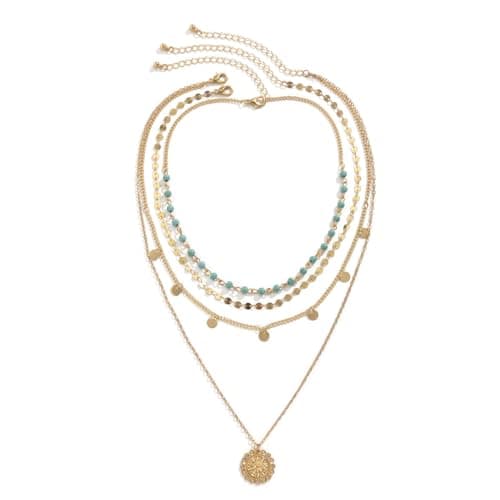 Image of CYWQ Gold Layered Turquoise Necklace for Women Multi Boho Bohemian Long Necklace Coin Pendant Necklaces Jewelry (Layered Beaded necklace)