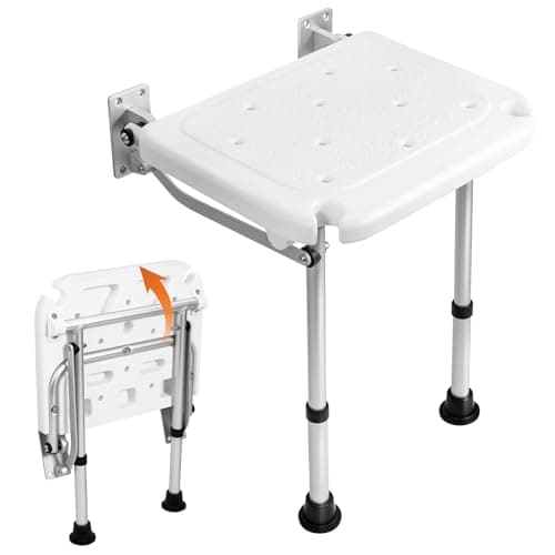 Image of Folding Shower Seat, Wall-Mounted Shower Stool with Height Adjustment, Bathroom Hidden Wall Seat with Anti-slip Support Legs Chair for Elderly, Disabled, Pregnant Woman or Injured