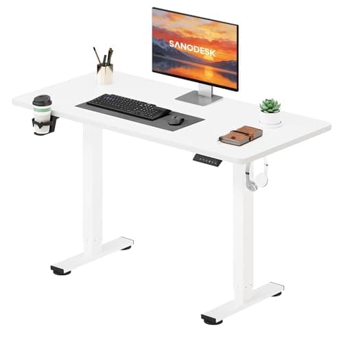 Image of SANODESK Electric Standing Desk ONE PIECE 110 * 54 Height Adjustable Desk With Memory Smart Panel Sit Stand Table With Hooks and Cupholder for Home Office (White Frame+White Desktop)