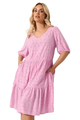 Image of Yours Curve Pink Broderie Anglaise Tiered Dress - Women's - Plus Size Curve