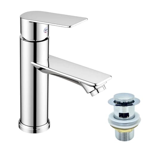 Image of Basin Mixer Tap Bathroom Sink Taps Single Lever, Stainless Steel Modern with High-Arc Spout for Traditional Washbasin with Pop up Waste with 2pcs Explosion-Proof Water Inlet Pipes (Flat Handle)