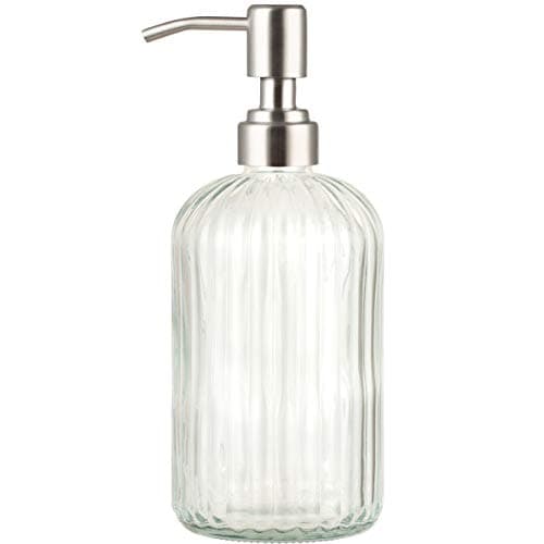 Image of Plomkeest Glass Soap Dispenser 14oz Clear Glass Jar Soap Dispenser with Rust Proof Stainless Steel Pump Liquid Soap Dispenser for Bathroom,Kitchen，Decor Great for Lotions, Liquid Soaps.Flow pattern