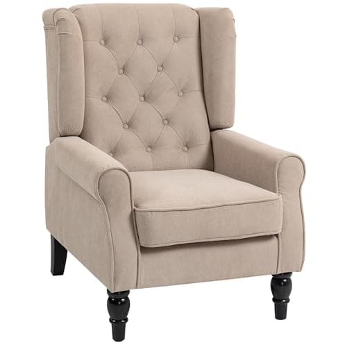 Image of HOMCOM Wingback Accent Chair, Snow Flannel Armchair with Thick Spring Cushion, High Back, Solid Wood Legs, Retro Button Tufted Reading Chair for Living Room, Bedroom, Beige