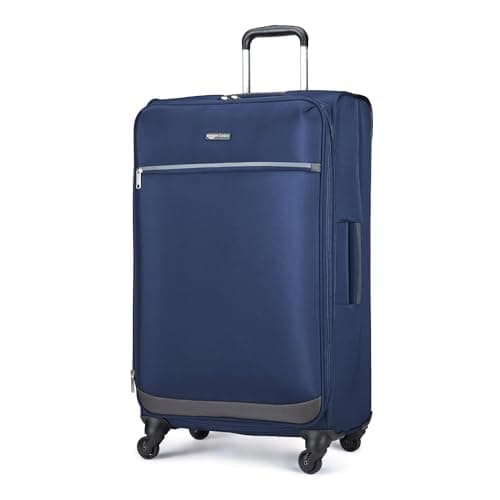 Image of Amazon Basics Luggage, 30" Large Checked Softside Suitcase with Wheels with Four 360-Degree Multi-Directional Spinner Wheels Expandable Space Zippered Pocket and Straps, Telescopic Handle, Navy Blue