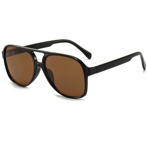 Image of Long Keeper Retro 70s Polarised Pilot Sunglasses for Women Men Oversized Double Bridge Aviation Sunglasses Large Frame Vintage Shades UV400 Protection (Black Frame Brown Lens)