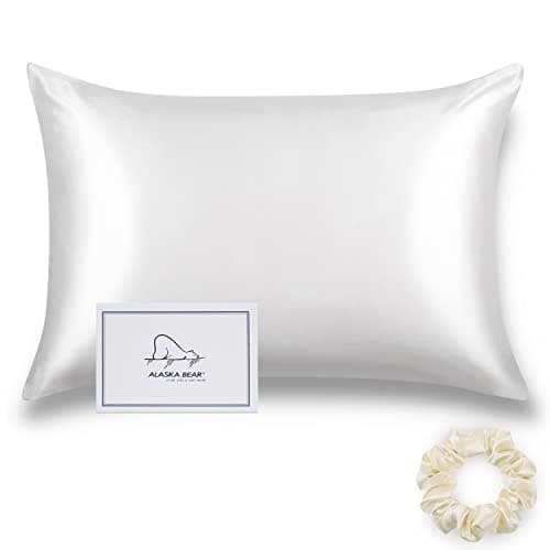 Image of ALASKA BEAR Silk Pillowcase Envelope Closure, 22 Momme 100 Percent Mulberry Silk Pillow Slip Foldover Design, Washable and NO Zipper, King Size 50 x 90 cm (1, White)