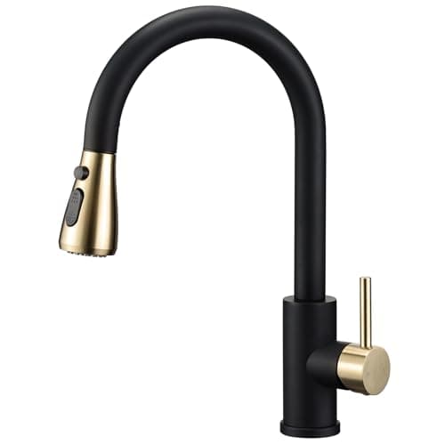 Image of Peppermint Pull Out Kitchen Sink Mixer Tap Mono Matte Black and Brushed Gold Kitchen Faucet with Pull Down Spray, Modern Single Lever Swivel Bar Taps 1 Hole with 3 Mode Spray Head