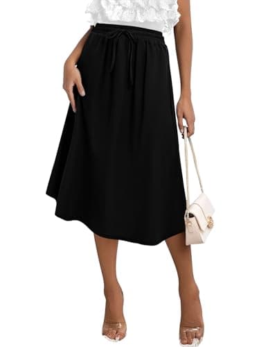 Image of KISSMODA Womens Midi Skirt High Waist A Line Boho Skirts Trendy Casual Work Elegant Summer Palazzo with Pockets Black