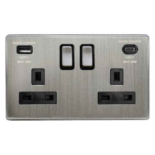 Image of Double Switched Socket with USB-C and USB-A Charging, Brushed Chrome Metal, 13A 250VAC, 20W Fast Charge N4118DME