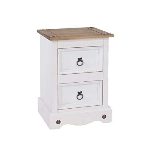 Image of Home Source Distressed Waxed Pine Wood 2 Drawer Petite Bedside Nightstand, Lamp Table, White