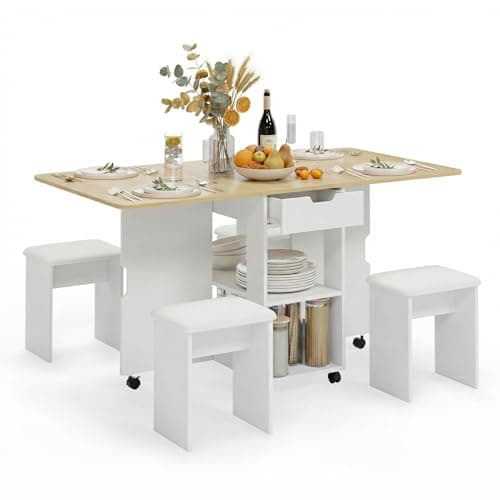 Image of Mondeer Folding Dining Table and Chairs Set 4, 140 x 80 cm Drop Leaf Table with 2 Drawers and Storage Shelves, Foldable Table with 4 Cushioned Stools, for Kitchen Dining Room Living Room