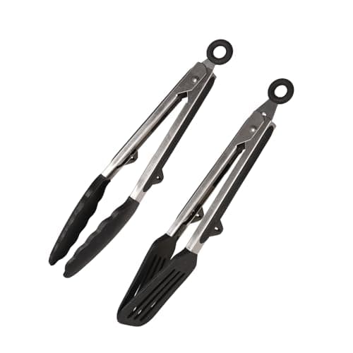 Image of 9 Inch Set of 2 Silicone Kitchen Tongs Include Food Tongs and Spatula Tong, Non-Slip Locking Cooking Tong for Air Fryer, Baking, Serving