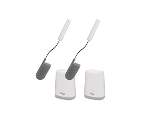 Image of Joseph Joseph Flex Lite - 2-Pack Silicone Toilet Brush with slimline holder set, flexible anti-drip, anti-clog deep clean head, White/Grey, Small