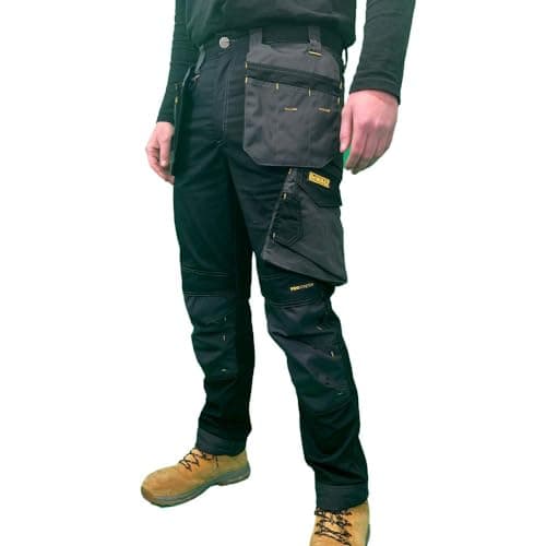 Image of Dewalt Bridgeport Slim Fit Holster Work Trousers with Pro-Stretch Panels (Bridgeport, UK, Waist & Inseam, 32, 33) Black/Grey