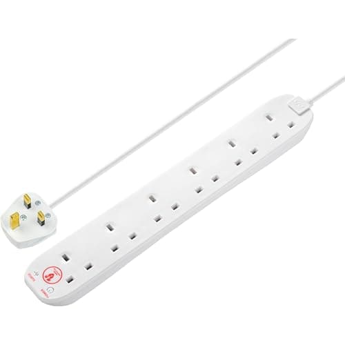 Image of Masterplug Six Socket Extension Lead, 2 Metre Cable, Surge Protection, Power and Surge LED Indicators, Unswitched, 6 Way Plug Extension Cable, Power Strip, White, 13A, 6G, 2m, SRG62N