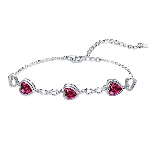 Image of Qings 3 Heart Ruby Birthstone Bracelet for Women Sterling Silver 925 July Infinity Symbol Adjustable Link Bracelets with Cubic Zirconia Charms Friendship Family Birthday Gifts for Girls Her