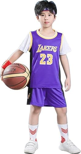 Image of EZB Kids Basketball 2-Piece Performance Tank Top Training Jersey Top and Shorts Set | Childrens Basketball Sports Kit for Boys & Girls (Purple (With short sleeve), 8-9 Years)