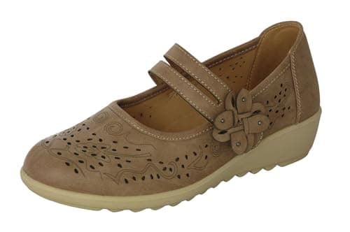 Image of Cushion Walk EEE Extra-Wide Fit Women's Ladies Lightweight Faux Leather Mary Jane Low Wedge Bar Shoes (5 UK EEE, Beige)