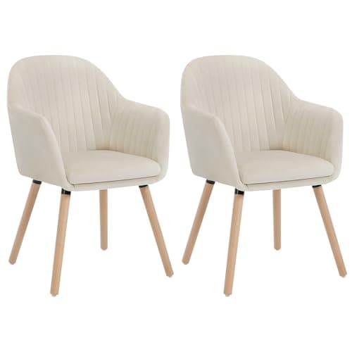 Image of WOLTU Cream White Kitchen Dining Chairs Set of 2 PCS Upholstered Counter Lounge Living Room Corner Chair with Arms & Backrest Solid Wood Legs Reception Chair Velvet Tub Chairs Armchairs