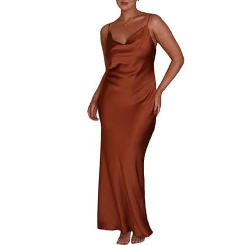 Image of FeMereina Women Summer Sexy Cowl Neck Spaghetti Strap Sleeveless Long Satin Dress Slit Club Slip Maxi Dress Wedding Guest Cocktail Midi Dresses (Brown#1, M)