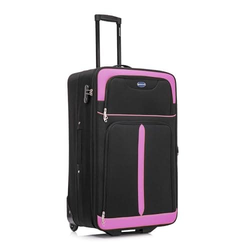 Image of Aerostar Large 29” Lightweight Softshell Expandable Suitcase, Check in Luggage 2 Corner Wheels with Integrated Combination Lock (Black/Pink, 100 litres)