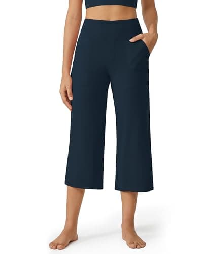 Image of G4Free Womens' Yoga Capri Pants Wide Leg High Waist Summer Cropped Trousers with Pockets Work Casual(Dark Navy,L,Regular)