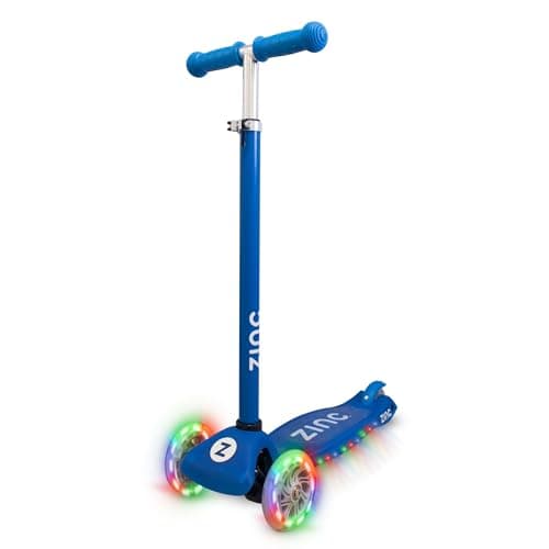 Image of Zinc Superstar Kids Scooter for Ages 3+ – Three Wheeled Boys & Girls Scooter with LED Light Up Deck & Wheels, Adjustable Handlebar, Lean ‘n’ Steer Controls, Rear Brake, Soft Rubber Grips, Blue