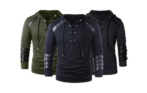 Image of helymore Men Gothic Hoodie Steampunk Drawcord Lace up Pullover Hooded Medieval Knight Long Sleeve Sweatshirt Renaissance Costume Blouse Tops, L Black