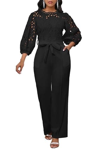 Image of IWFEV Women's Jumpsuit Puff Sleeve Lace Jumpsuit Mid-Calf Short Sleeve Hollow Party Evening Romper with Pockets XXL Black