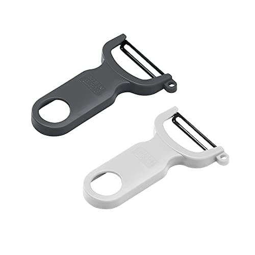 Image of Kuhn Rikon Potato Peelers (Set of 2) with Carbon Steel Blade. Vegetable Peeler. Light Speed Peeler. Grey and White. 3 Year Kuhn Rikon Guarantee