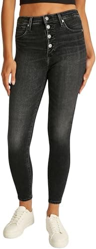 Image of Calvin Klein Women’s High Rise Super Skinny Ankle Grazer Jeans with Button Placket, Black (Denim Black), 26W