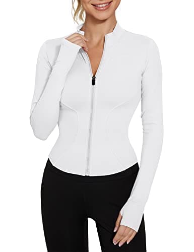 Image of IECCP Womens Long Sleeve Gym Tops Zip Workout Yoga Running T-Shirt Lightweight Fitness Sports Tee with Thumb Holes White S