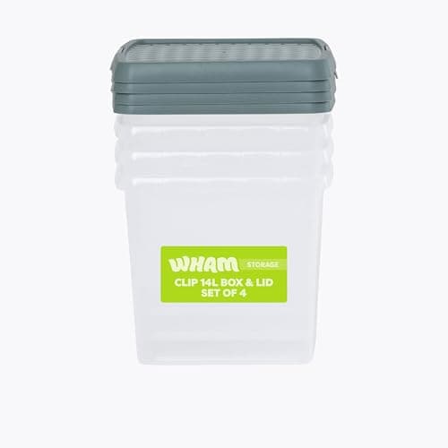Image of Wham Clip 4 x 14L Square Stackable Plastic Storage Boxes with Lids | Ideal for Home, Office, Toys & More | Storage Containers with Clip Locks | Made in UK - Clear/Green Milieu