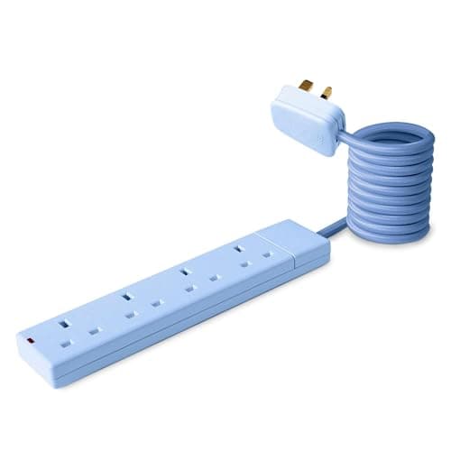 Image of Pastel Blue Coloured Electrical Extension Lead 1.5M Meter Power Strip 4 Way Gang Port Multiplug UK Plug 3 PIN 250V/13A Desktop Power Socket Cord Home University Uni Office Pink Yellow Green