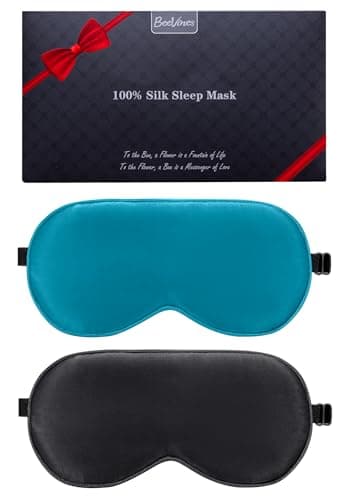 Image of Silk Sleeping Mask, 2 Packs 100% Real Natural Silk Eye Mask with Adjustable Straps, Eye Sleeping Mask, BeeVines Summer Travel Eye Sleeping Mask to Reduce Puffy Eyes (Black & Peacock Blue)