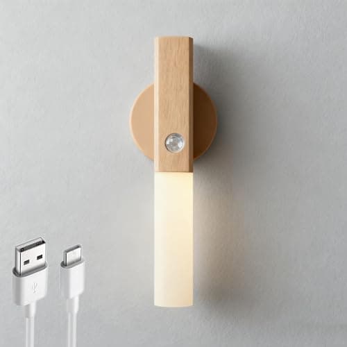 Image of Motion Sensor Rechargeable Wall Light, Magnetic Stick‑On Cordless Wood Night Lights, Wireless Peel Portable Removable Sconce USB Battery 2700–3000K Warm White Lamp for Indoor Bedroom Hallway Stairway