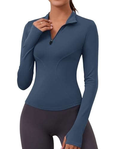 Image of Rapbin Women's Gym Top Long Sleeve Sports Quarter Zip Lightweight Sports Running,Cycling T-Shirt Quick Dry with Thumb Holes Grey Blue M