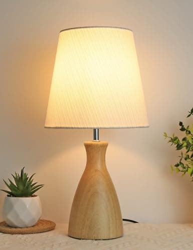 Image of HSLighting Bedside Lamps, 34cm Wooden Table Lamp with Fabric Lampshade, On-Off Switch Bedside Nightstand for Living Room Bedroom Decor Mother Gift Study Office, Include Bulb