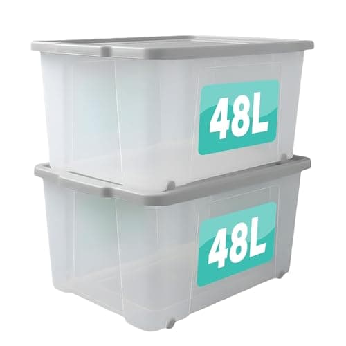 Image of Optimal Products Set Of 2 Plastic Storage Box with Lid & Wheels Stackable Heavy Duty Container for Home, Garage & Office Organisation Boxes Nestable Portable Multipurpose Room Organiser (48 Litre)