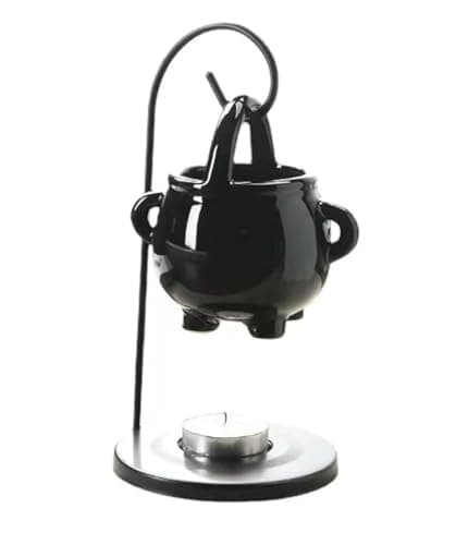 Image of Makimoo Hanging Pagan Cauldron Oil Burner, Black Wax Warmer Aroma Diffuser, with Handle, for Essential Scented Wax, Enchanting Witch Home Decor Element.