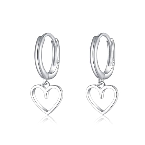 Image of Reffeer Solid 925 Sterling Silver Heart Drop Earrings Hoop for Women Earrings Heart Hoop Earrings Huggie Earrings (A-Silver)